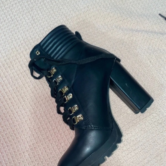 JustFab Black Lace-Up Heeled Boots with Gold Accents - Picture 6 of 8